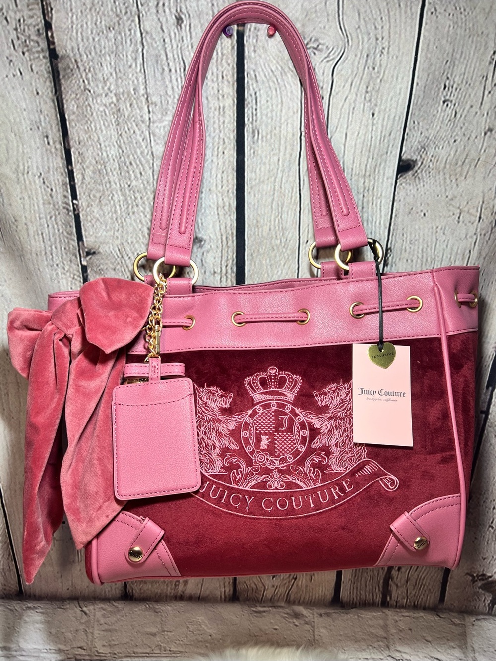 Juicy Couture Pink and Wine Two-Tone Velvet Tote with Bow